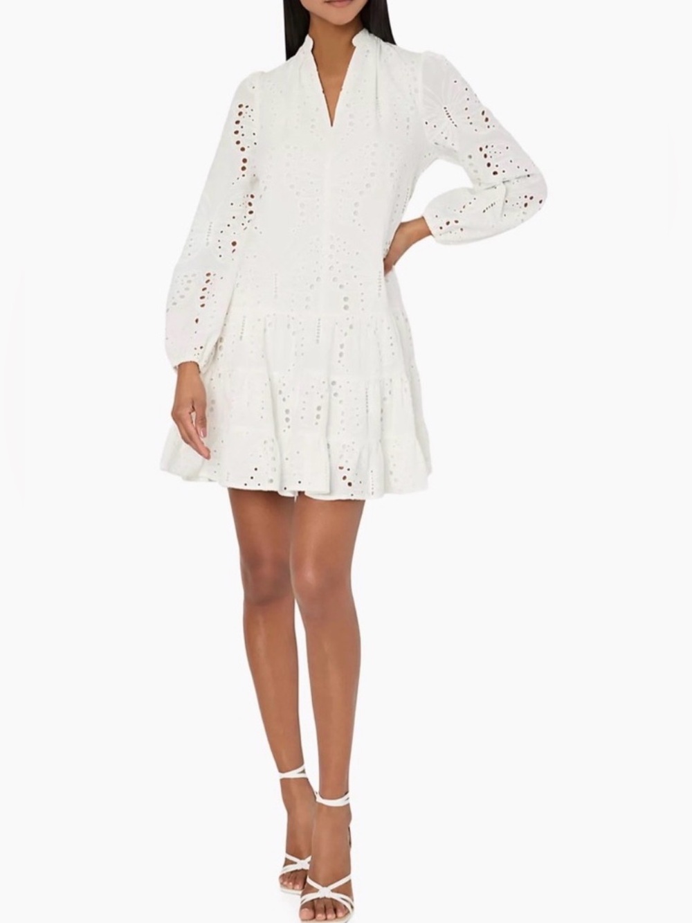 Milly Margaret White Cotton Butterfly Eyelet Long Sleeve Tiered Mini Dress 6
